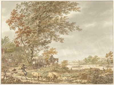 Paisaje montañoso con una piara de cerdos y otros polvos, un río en la distancia de Jacob  Cats