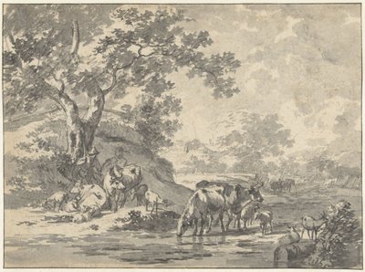 Paisaje con pastor y ganado debajo de un árbol junto al agua. de Jacob  Cats