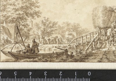 Paisaje con pescadores en un bote y segador en un puente de Jacob  Cats