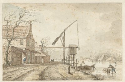 Paisaje invernal con casas y palanca a lo largo del canal congelado de Jacob  Cats
