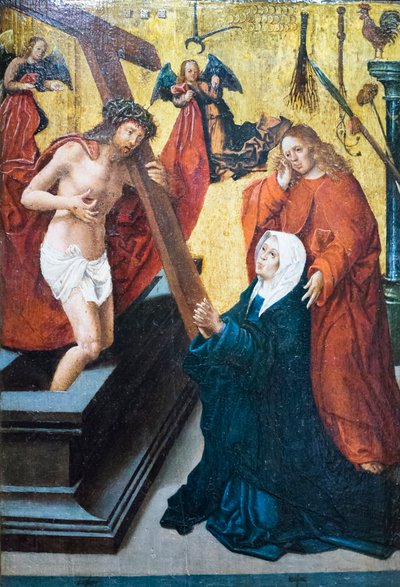 Cristo resucitado con el símbolo de la pasión apareciéndose a la Virgen y a San Juan Evangelista de Jacob Cornelisz van Oostsanen