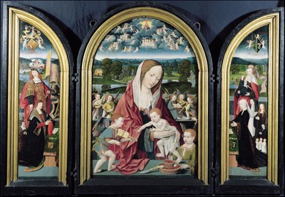 Virgen y Niño con ángeles músicos y la familia Sampsons-Coolen, Tríptico, 1500-1525 de Jacob Cornelisz van Oostsanen