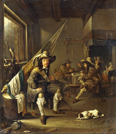 Un caballero sentado con soldados jugando a las cartas, 1655 de Jacob Duck
