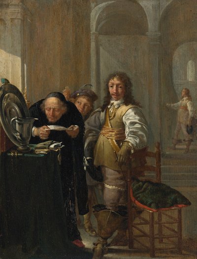 Un caballero vendiendo su mercancía, con un anciano leyendo un documento y un niño sosteniendo una moneda. de Jacob Duck