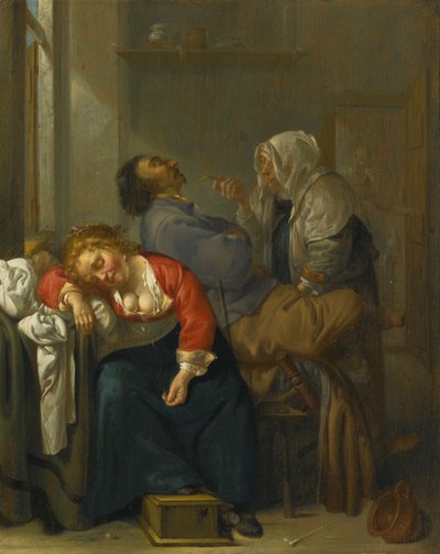 Pareja durmiendo y una criada en un interior de Jacob Duck