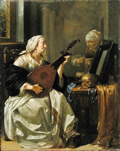 Mujer con tiorba, Vanitas, c.1660 (óleo sobre tabla) de Jacob Duck