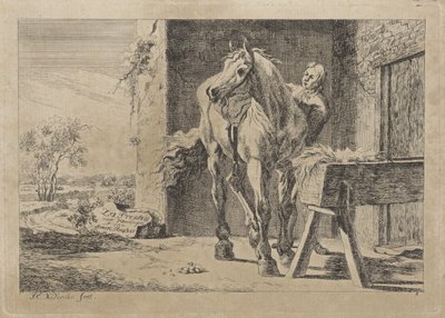 Figura con un caballo en un pesebre Seis grabados a partir de dibujos de varios maestros (título de la serie sobre el objeto) de Jacob Elias van Varelen