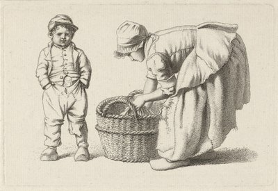 Chica doblada con una canasta y un niño. Impresiones de estudio / Etudes gravées (título de la serie) de Jacob Ernst Marcus