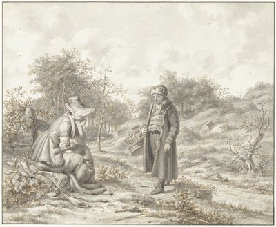 Paisaje montañoso con una mujer sentada y un hombre de pie con una cesta de Jacob Ernst Marcus