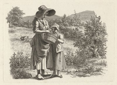 mujer joven, y, un, niño, mirar, en, un, cesta Impresiones de estudio / Etudes gravées (título de la serie) de Jacob Ernst Marcus