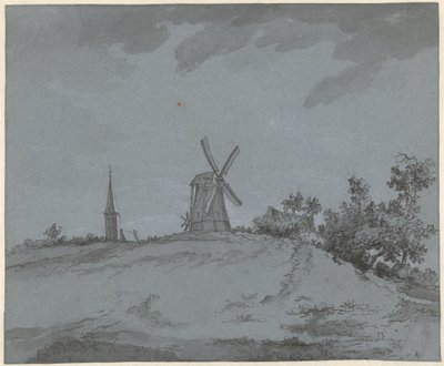 Paisaje con molino de viento e iglesia en una colina de Jacob Ernst Marcus