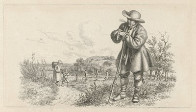 Hombre apoyado en un palo y una mujer con un niño en un camino rural Impresiones de estudio / Etudes gravées (título de la serie) de Jacob Ernst Marcus