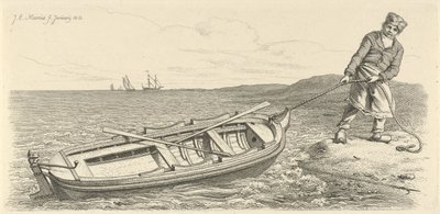 El hombre saca su bote de remos en tierra Impresiones de estudio / Etudes gravées (título de la serie) de Jacob Ernst Marcus