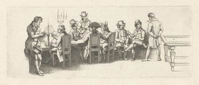 Hombres en una cafetería con mesa de billar. Impresiones de estudio / Etudes gravées (título de la serie) de Jacob Ernst Marcus
