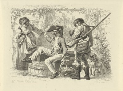 Soldado con vidrio levantado entre una mujer y un cazador. Impresiones de estudio / Etudes gravées (título de la serie) de Jacob Ernst Marcus