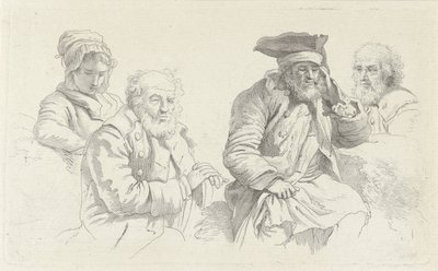 Hoja de estudio con tres ancianos y una joven. Impresiones de estudio / Etudes gravées (título de la serie) de Jacob Ernst Marcus