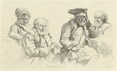 Hoja de estudio con tres ancianos y una joven. Impresiones de estudio / Etudes gravées (título de la serie) de Jacob Ernst Marcus