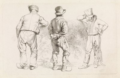 Hoja de estudio con tres figuras de pie. Etudes gravées (título de la serie) de Jacob Ernst Marcus