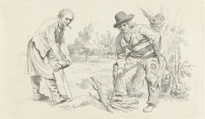 Hoja de estudio con un recolector de madera y un hombre con una sierra. Impresiones de estudio / Etudes gravées (título de la serie) de Jacob Ernst Marcus