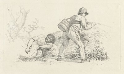 Hoja de estudio con una mujer dormida y un pescador. Impresiones de estudio / Etudes gravées (título de la serie) de Jacob Ernst Marcus