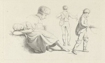 Hoja de estudio con una mujer dormida y un cazador. Impresiones de estudio / Etudes gravées (título de la serie) de Jacob Ernst Marcus