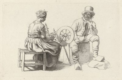 Hoja de estudio con una mujer en una rueca y un hombre sentado Impresiones de estudio / Etudes gravées (título de la serie) de Jacob Ernst Marcus