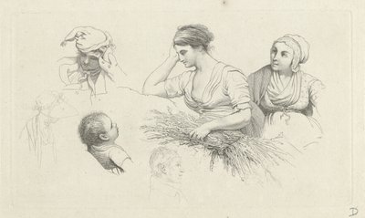 Hoja de estudio con una mujer con un haz de ramas y figuras. Impresiones de estudio / Etudes gravées (título de la serie) de Jacob Ernst Marcus