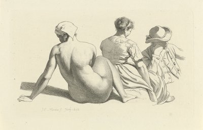 Ficha de estudio con un desnudo sentado y dos figuras Impresiones de estudio / Etudes gravées (título de la serie) de Jacob Ernst Marcus