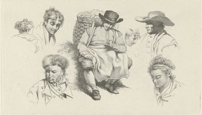 Ficha de estudio con figuras y un pescadero descansando con una pipa Impresiones de estudio / Etudes gravées (título de la serie) de Jacob Ernst Marcus