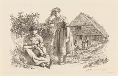 Dos mujeres y un hombre con niños frente a un granero Impresiones de estudio / Etudes gravées (título de la serie) de Jacob Ernst Marcus