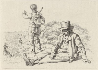 Sentado y un hombre de pie en una playa. Impresiones de estudio / Etudes gravées (título de la serie) de Jacob Ernst Marcus
