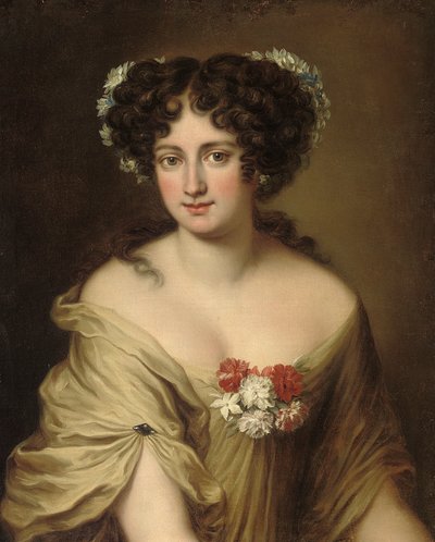 Retrato de la Condesa Ortensia Ianni Stella, busto, en una camisa de marfil, con flores en el cabello de Jacob Ferdinand Voet
