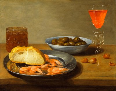 Un Plato con Gambas y un Panecillo y un Cuenco con Aceitunas de Jacob  Foppens van Es