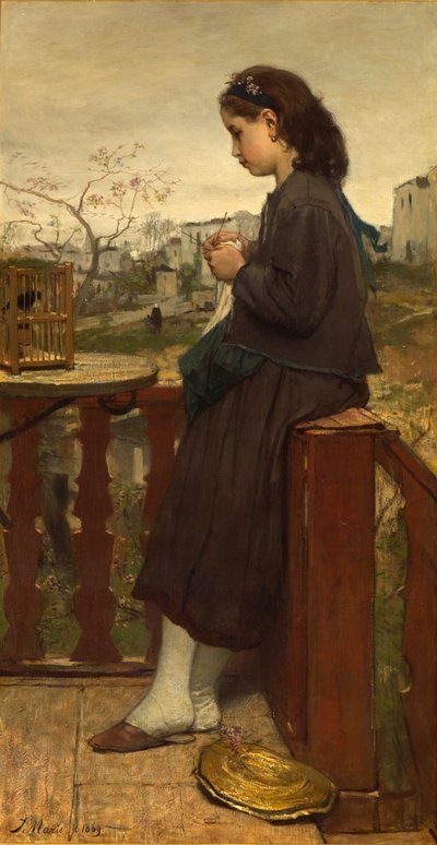 Niña tejiendo en el balcón, Montmartre, 1869 de Jacob Henricus or Hendricus Maris