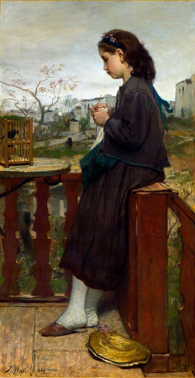 ""Niña tejiendo en un balcón, Montmartre, París"" (Niña tejiendo en un balcón, Montmartre) Pintura de Jacob Maris (1837-1899) - 1869 - Óleo sobre lienzo Dim 110x75,7 cm Gemeentemuseum Den Haag de Jacob Henricus or Hendricus Maris