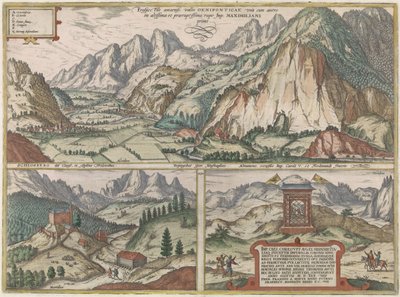 Tres caras en el valle del Inn y sus alrededores en Austria, con los Alpes al fondo de Jacob Hoefnagel (possibly)