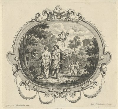 Pareja caminando acompañada de amorcillos de Jacob Houbraken