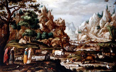 Un paisaje rocoso con Noé y los animales de Jacob II (circle of) Savery