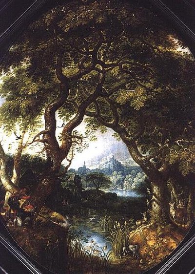 Paisaje boscoso con cazadores junto a un arroyo de Jacob I Savery