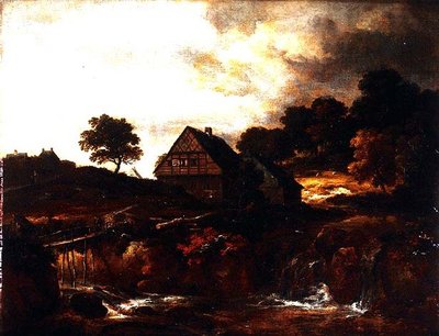 Paisaje boscoso con campesino en un puente sobre un torrente de Jacob I. van (follower of) Ruisdael