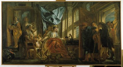 Penélope. La esposa de Ulises, que espera a su marido, rechaza las insinuaciones de sus pretendientes y continúa con su tapiz. Pintura de Jacob Jordaens (1593-1678). Museo Granet, Aix en Provence. de Jacob Jordaens
