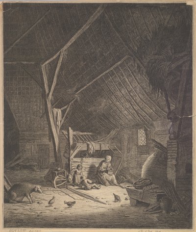 Interior de un granero con madre y dos niños, al frente un cerdo copia, siglo XVII de Jacob Louys