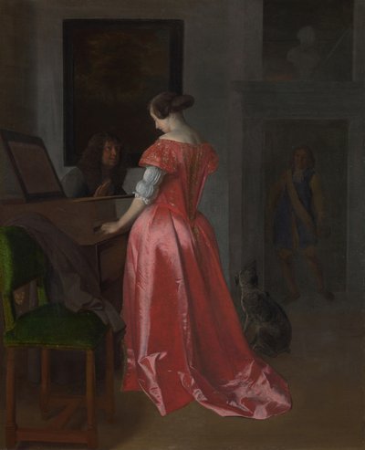 Una mujer de pie junto a un clavecín, ca 1675 de Jacob Lucasz. Ochtervelt