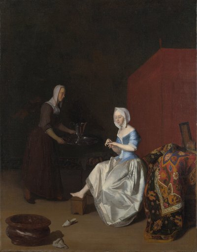 Una joven arreglando sus uñas, atendida por una sirvienta, c. 1670 de Jacob Lucasz. Ochtervelt