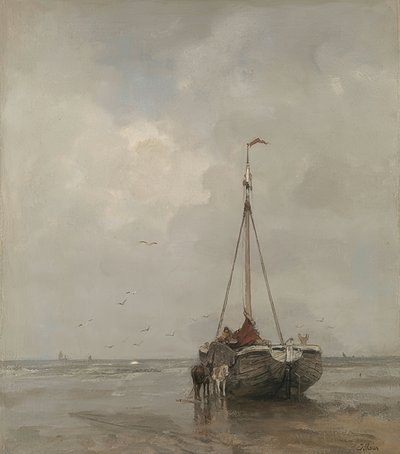 Barco de pesca con proa ancha en la playa de Scheveningen de Jacob Henricus or Hendricus Maris