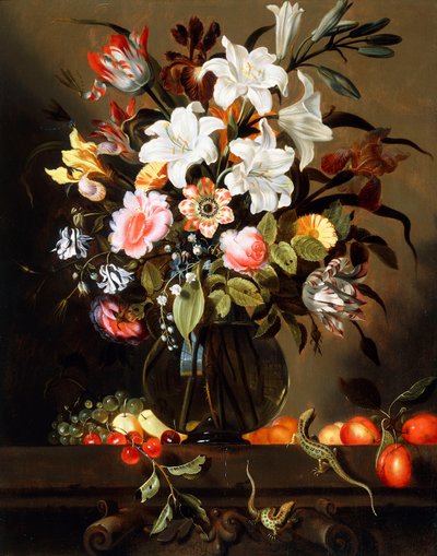 Un ramo de flores con frutas y dos lagartijas de arena en un borde de piedra, 1647 de Jacob Marrel