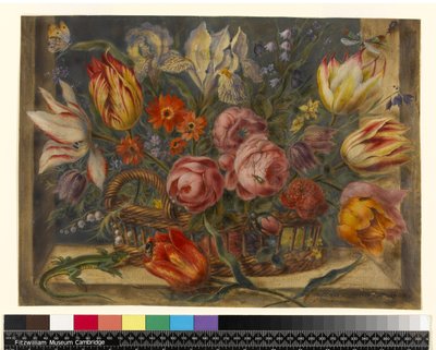 Estudio de flores: flores variadas en una canasta, con insectos y un lagarto en un entorno de ventana, 1634 de Jacob Marrel