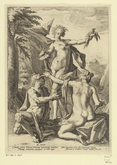 tres destinos Representaciones mitológicas y alegóricas (título de serie) de Jacob Matham (attributed to)
