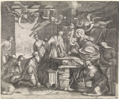 Adoración de los Reyes con Ángeles de Jacob Matham (workshop of)