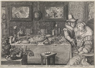 Pareja joven sentada en una mesa profusamente cargada de Jacob Matham (workshop of)